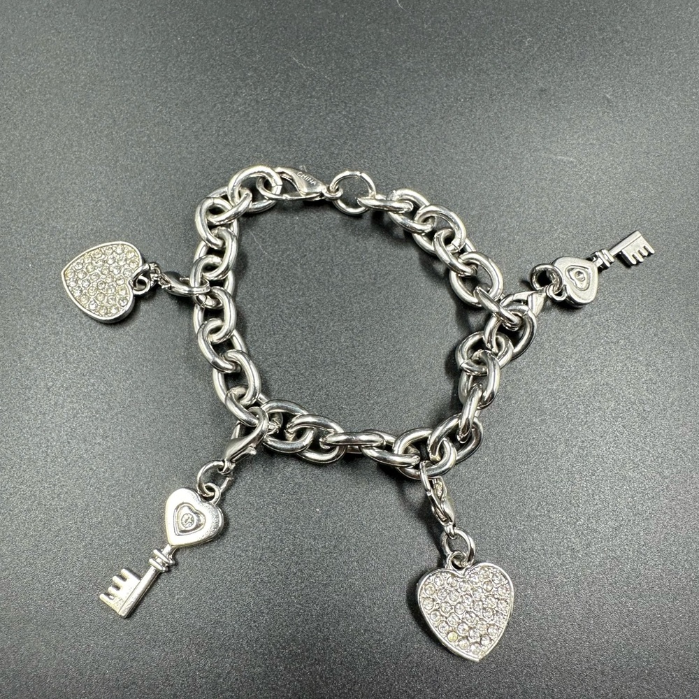 Hearts and Keys Charm Bracelet Stainless Steel Crystal Pave Hearts
